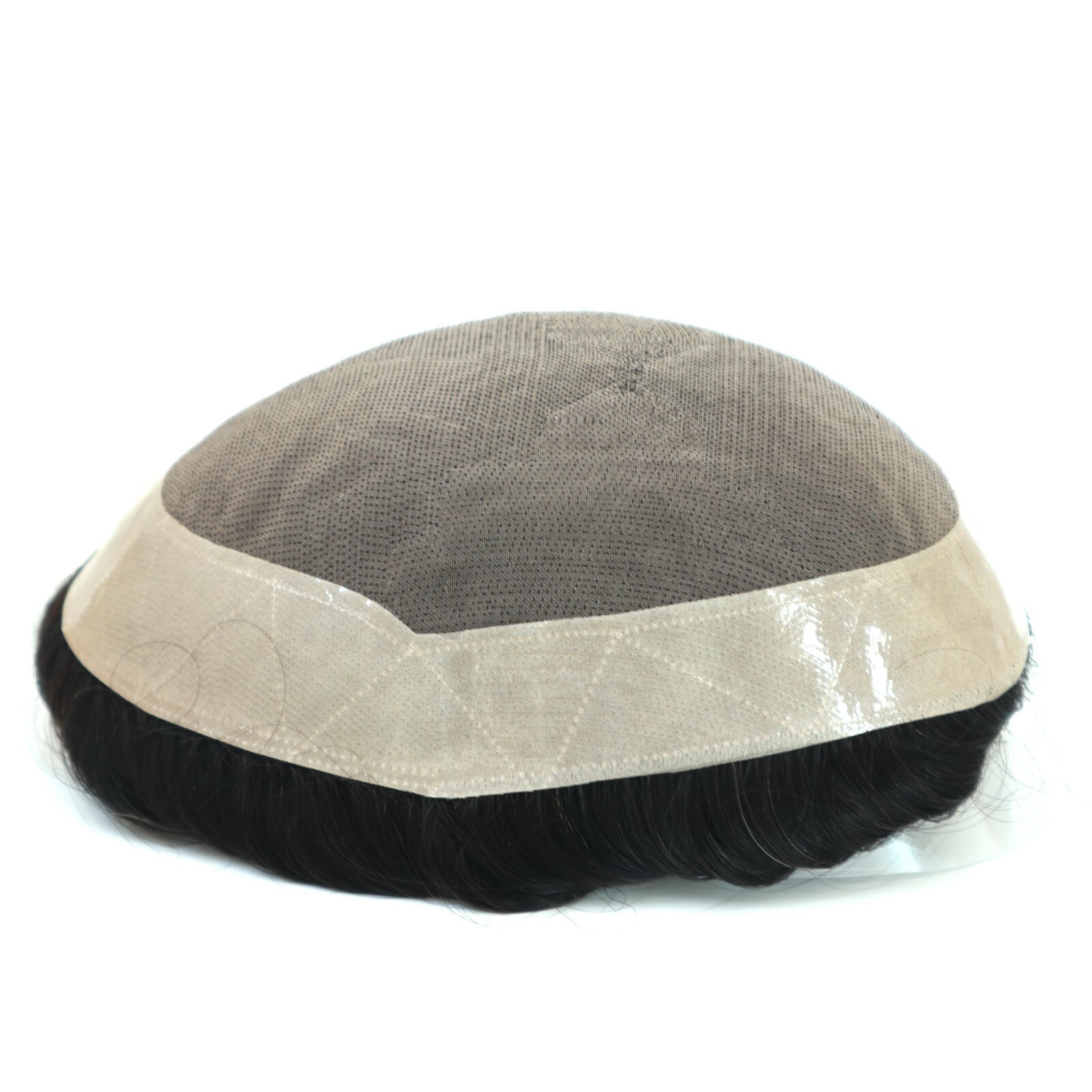 Natural Mens Toupee Human Hair Replacement System 法国花边皮肤发饰 #1B-