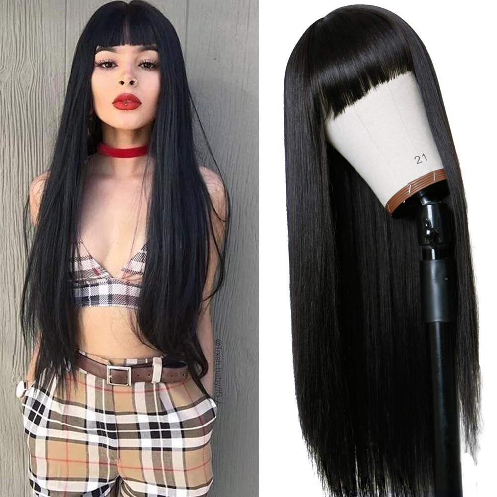 Heat Resistant Synthetic Hair None Lace Wigs Full Bangs Long Black Silk Straight