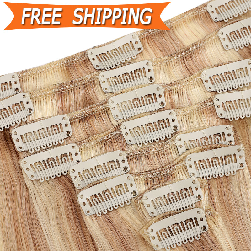 Clip In 100% Remy Real Human Hair Extensions Full Head Highlight Ombre US 8″-24″