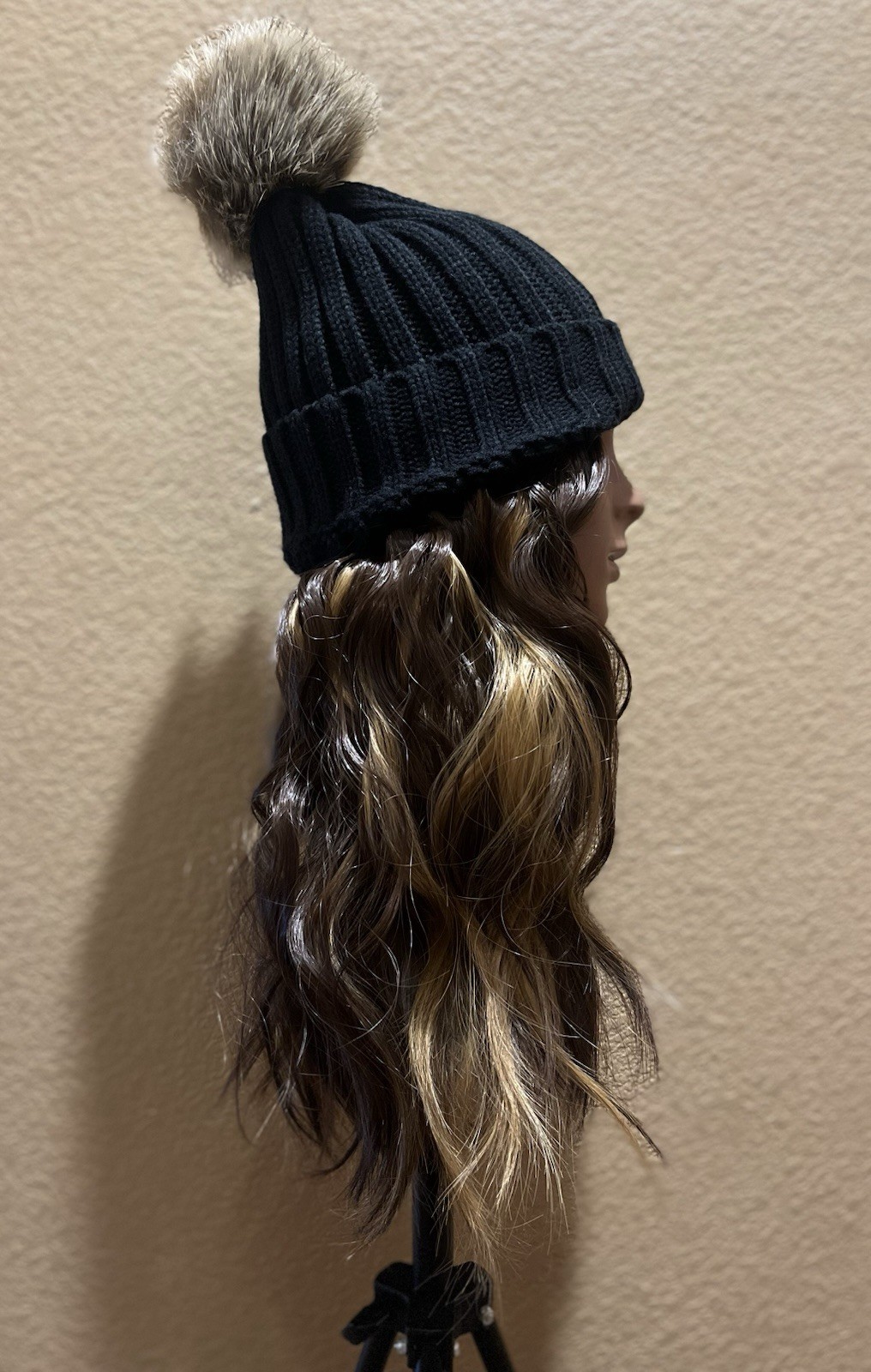 Dark Brown Highlighted Wavy Synthetic Beanie Wig | Detachable Faux Fur Pom Pom
