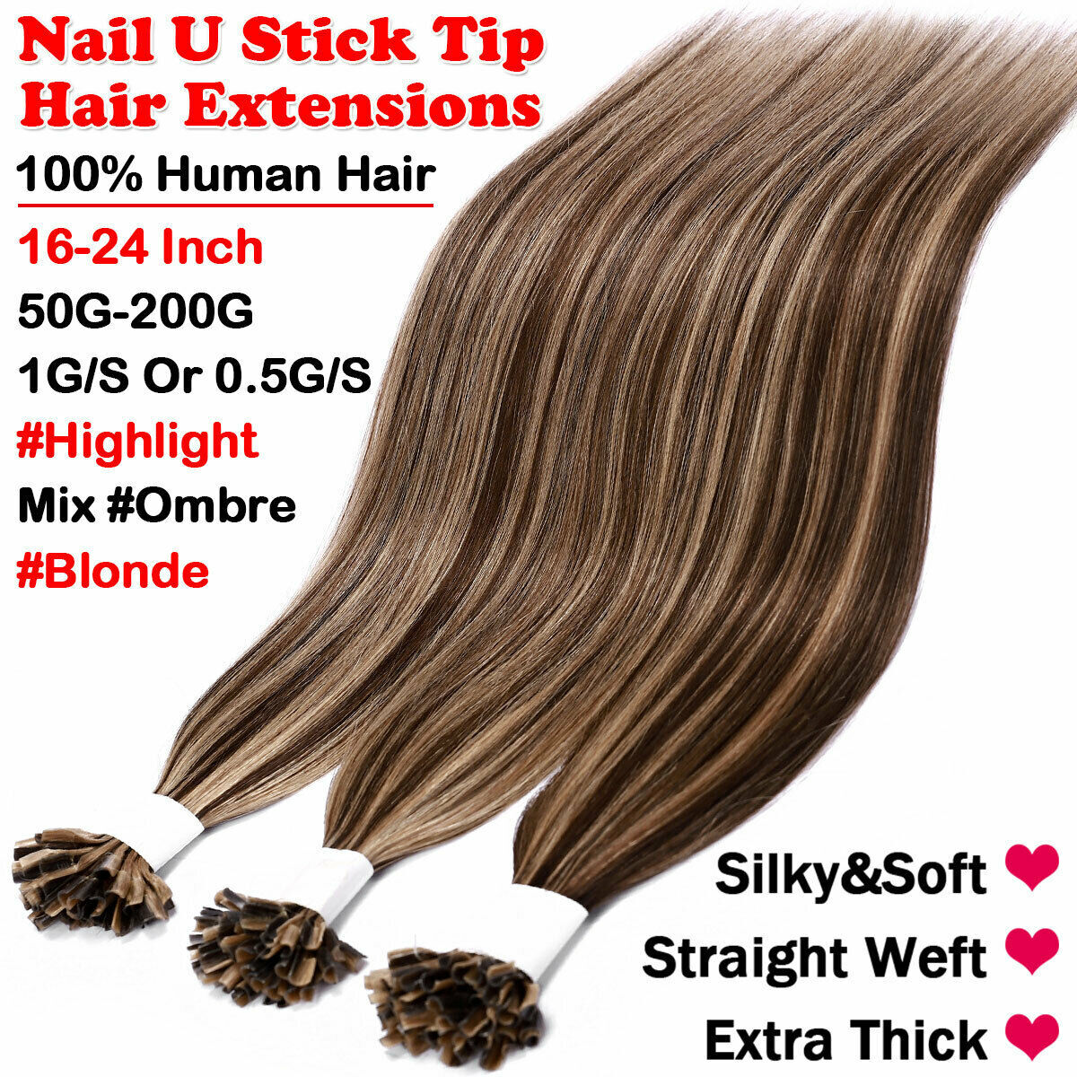 Nail U-Tip Pre Bonded Keratin Hot Fusion Glue 100% Remy Human Hair Extensions US