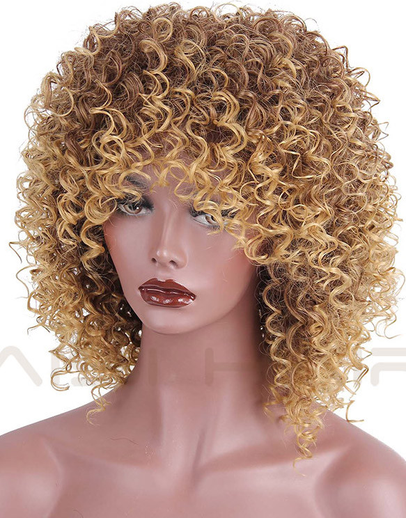 Natural Custom synthetic Afro Kinky Curly Wig light blonde brown women full wig