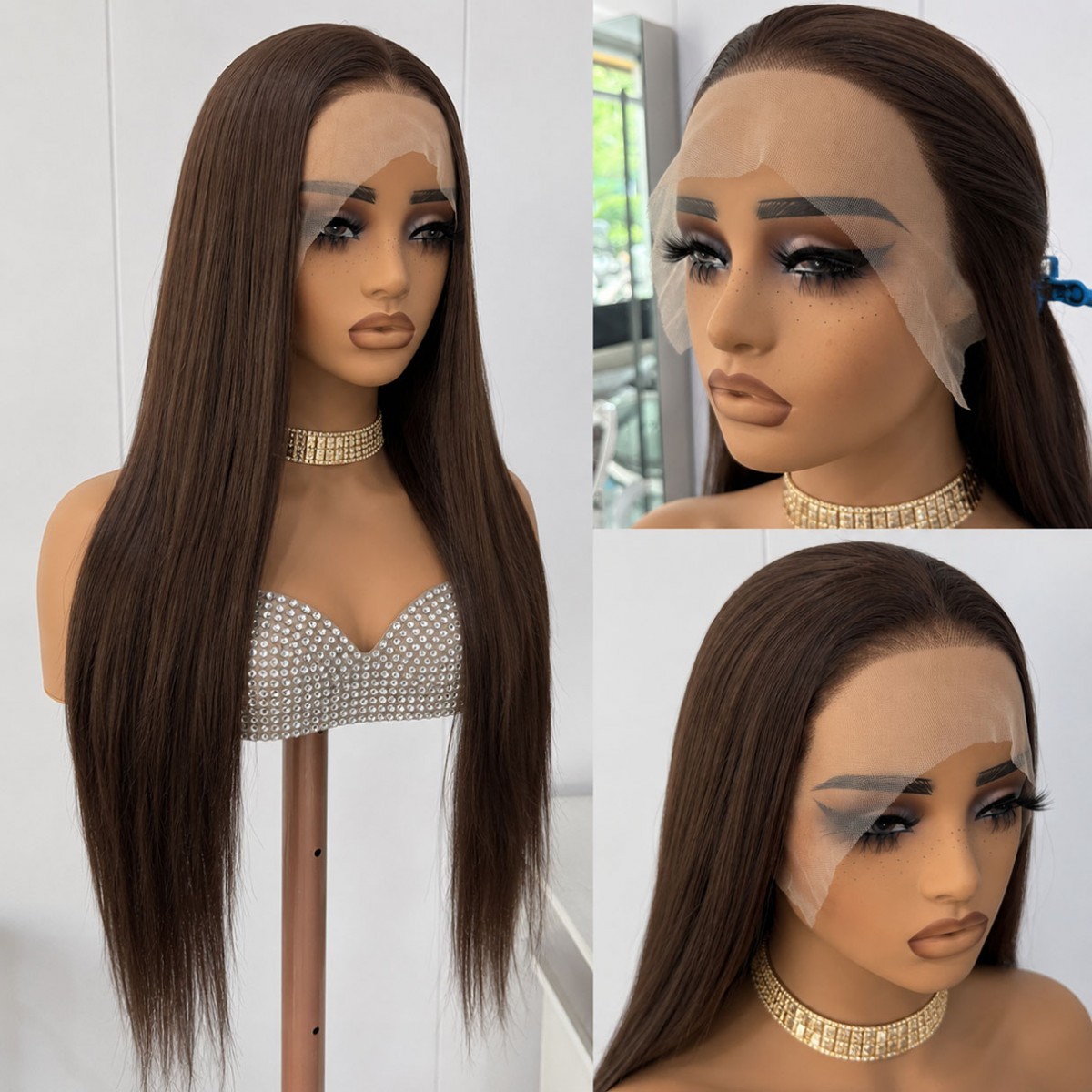 Brown Heat Resistant Synthetic Hair Long Straight Frontal Lace Wig