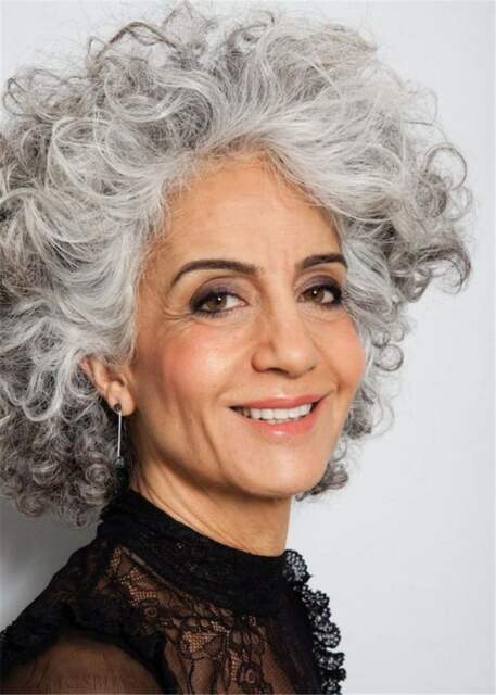 Salt and Pepper Medium Layered Gray Curly Synthetic Hair Capless Wigs