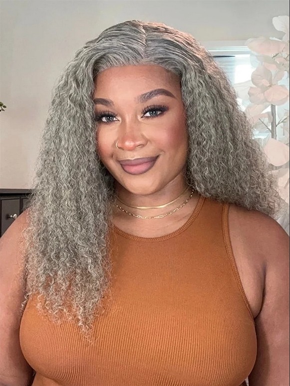 Pepper Gray Curly Wavy 13×4 Lace Front Wigs 100% Human Hair Wigs