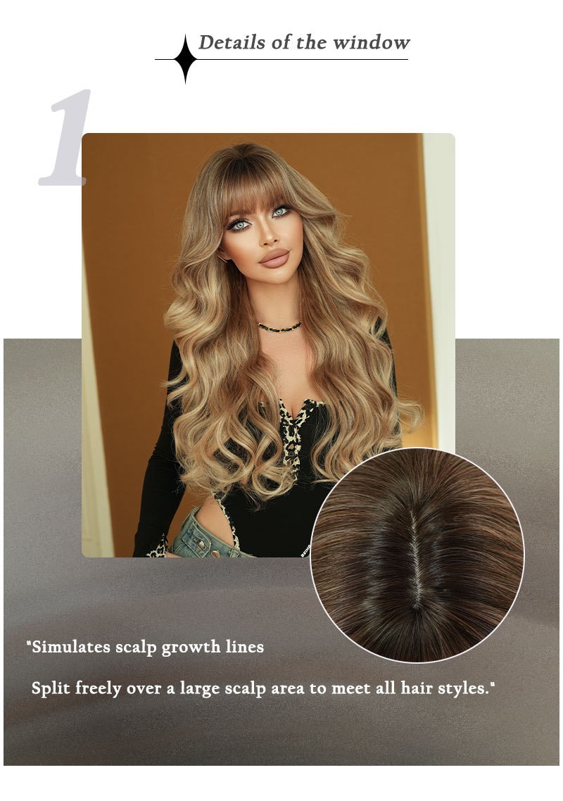 Ombre Blonde Long Curly Wig with Bangs Synthetic Wavy Hair Wigs for Women 27.5″