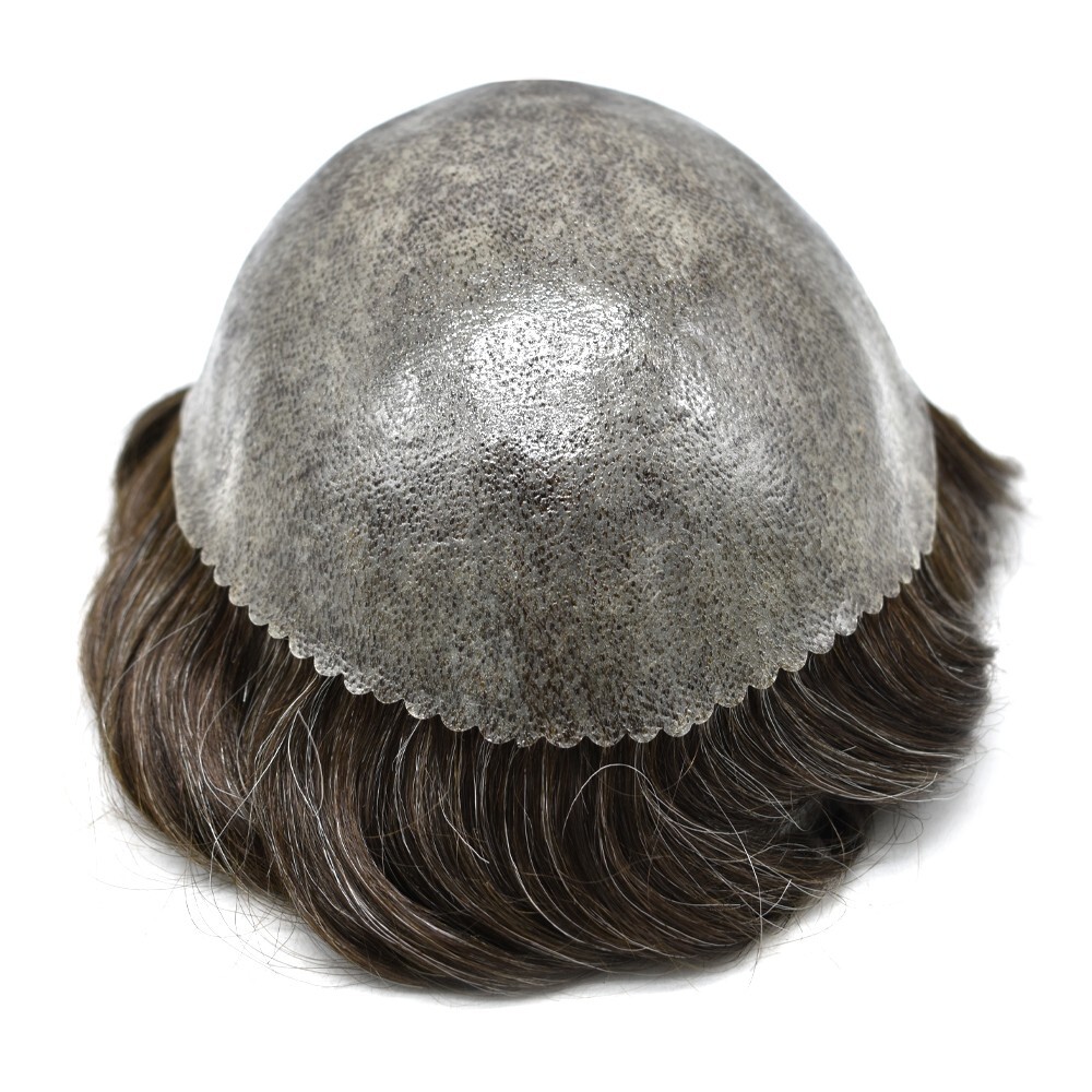 All PU Mens Toupee Human Hair Replacement System Skin PU Grey Brown Hairpiece