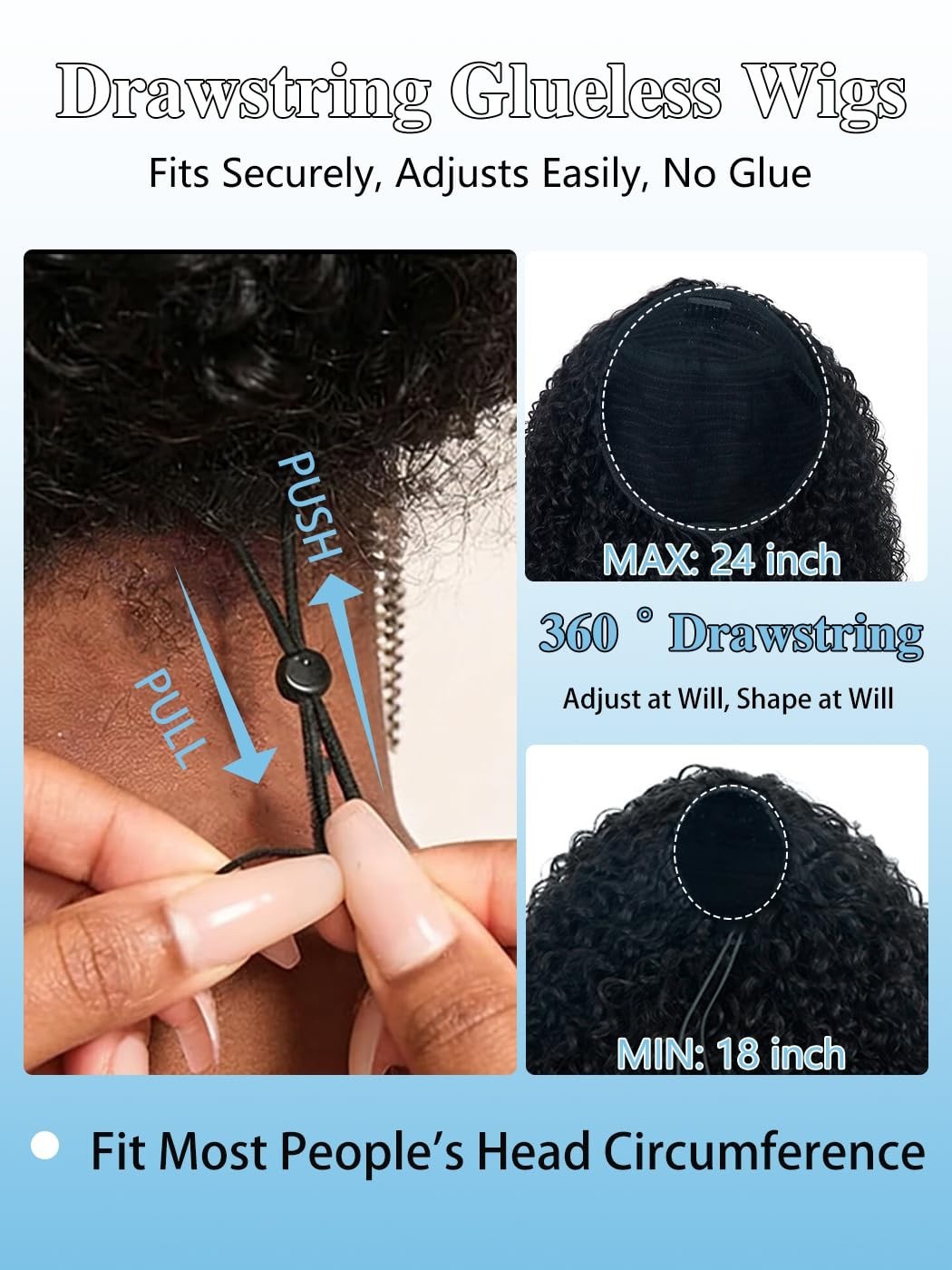 18″ Curly Half Wig Human Hair for Black Women – Glueless Drawstring, 180% Densit