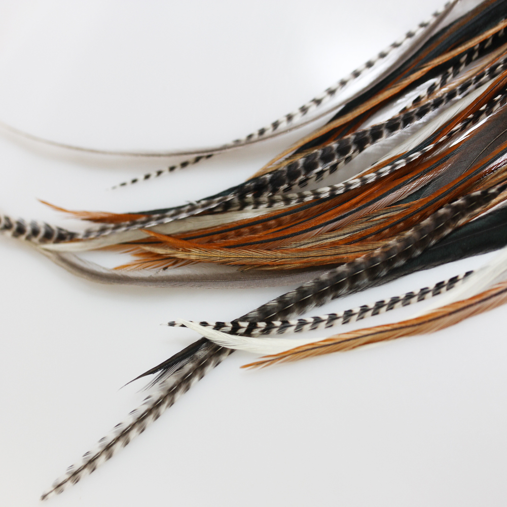 25 NATURAL LONG MIX WHITING GRIZZLY SADDLE FEATHER HAIR EXTENSIONs