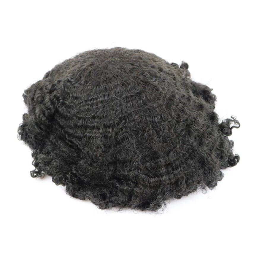 8mm Durable Skin Afro Curly Mens Toupee Black Man Weave Hair Replacement Wig