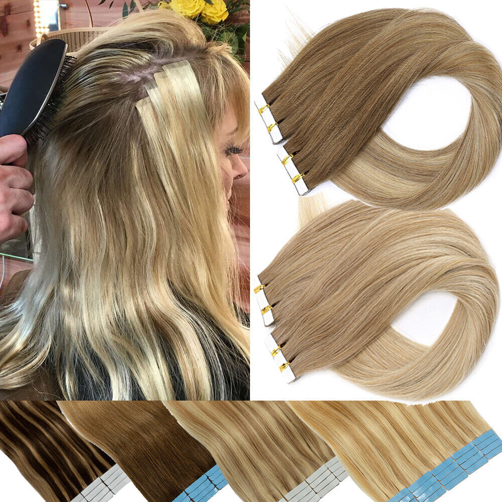 100G Tape in Hair Extensions Remy Human Hair Full Head Straight Balayage 12″-24″