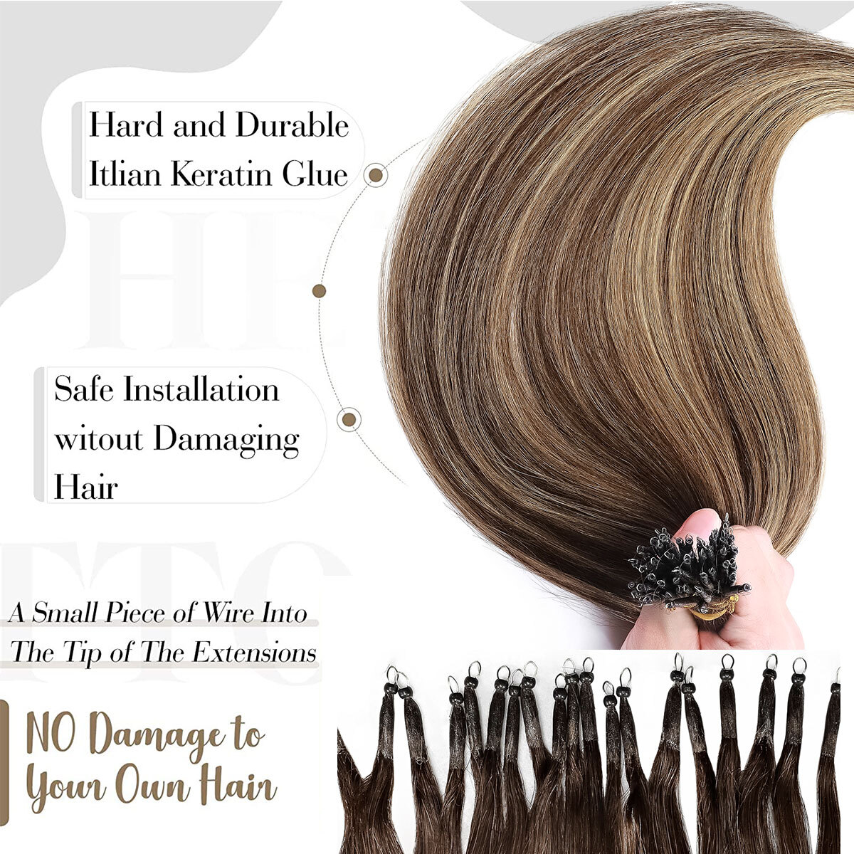 Russian Remy Nano Ring Tips Human Hair Extensions Thick 200S Full Head Highlight