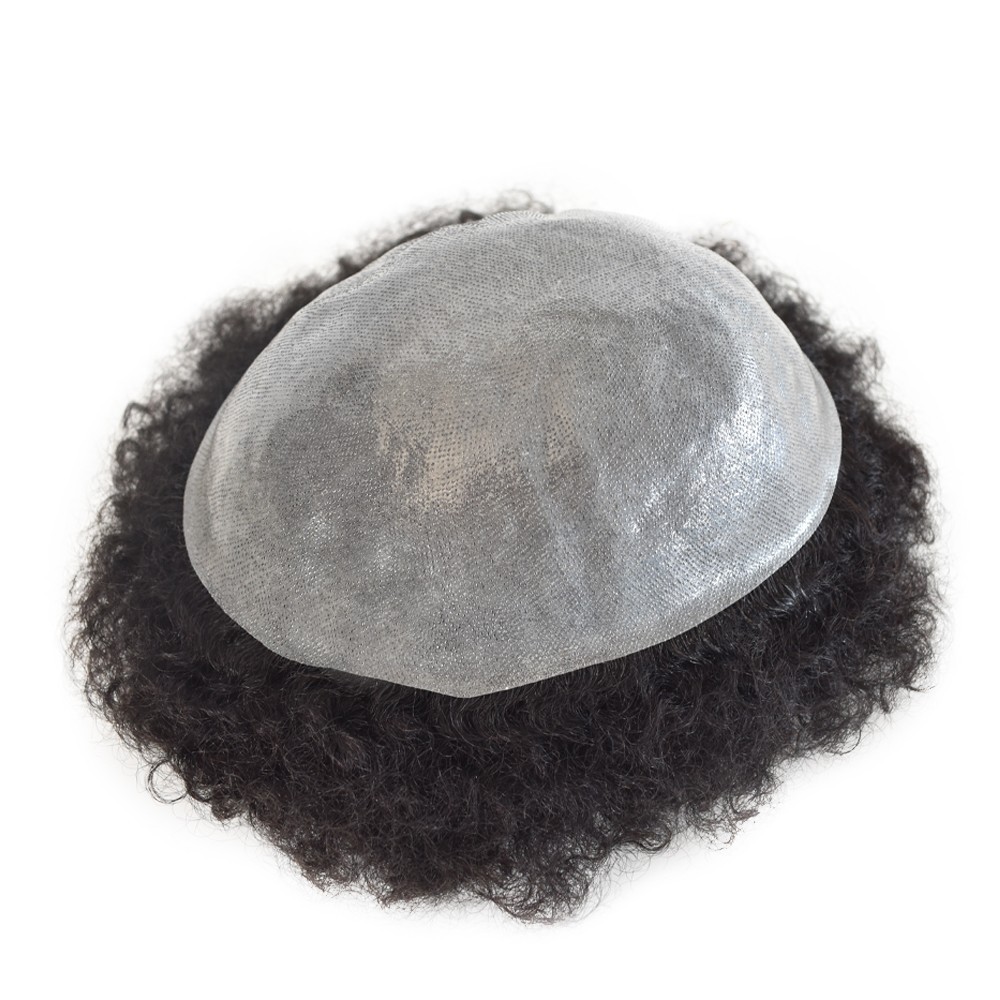 Afro Curl Mens Toupee Full Poly African American Hair System Replacement for Men
