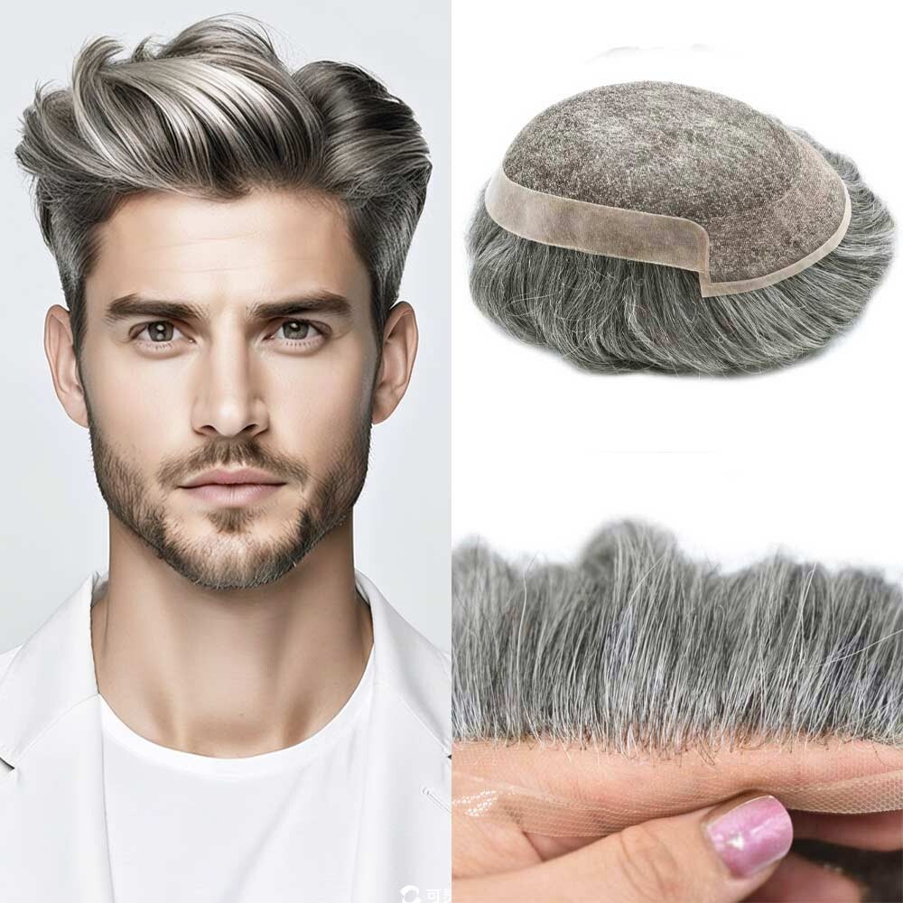 Mens Toupee Hairpiece French Lace Front Hair System Replacement Wig Unit for Men
