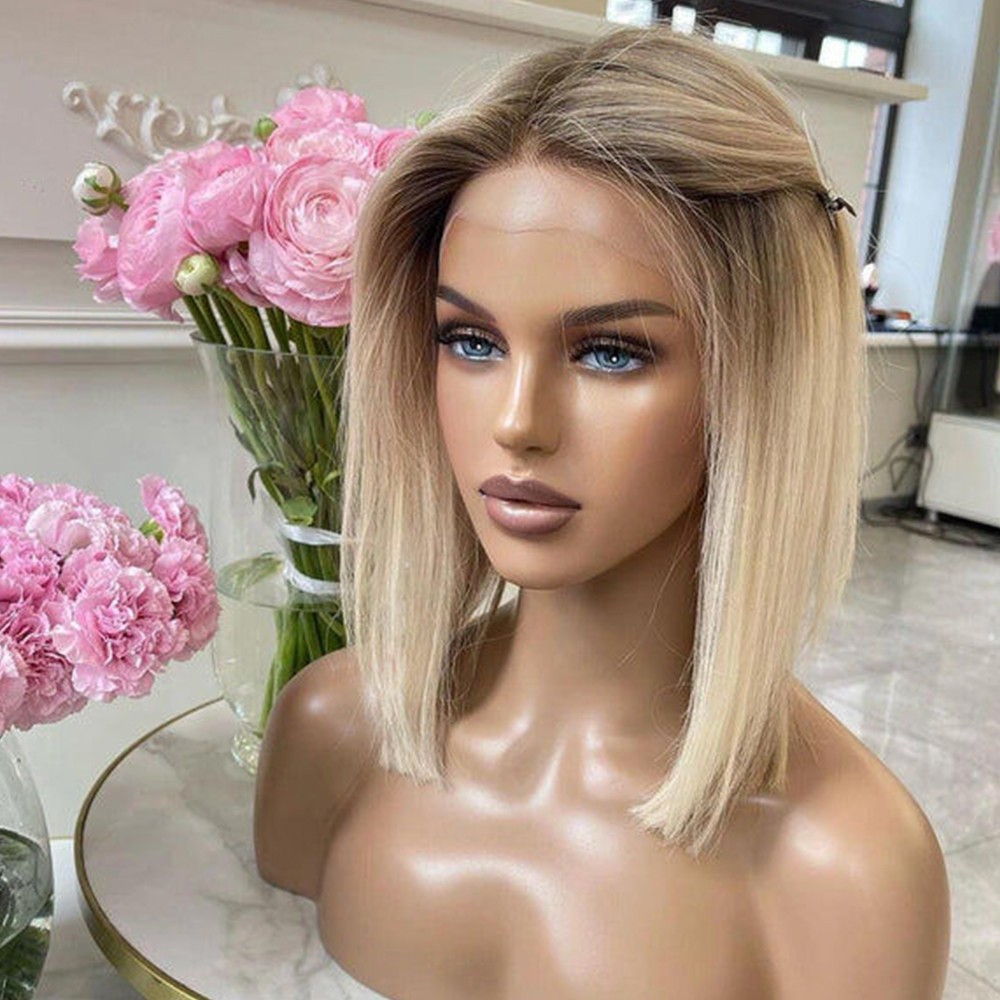 13×4 Short Bob Lace Front Wigs Glueless Brown Roots Ombre Blonde Straight Hair