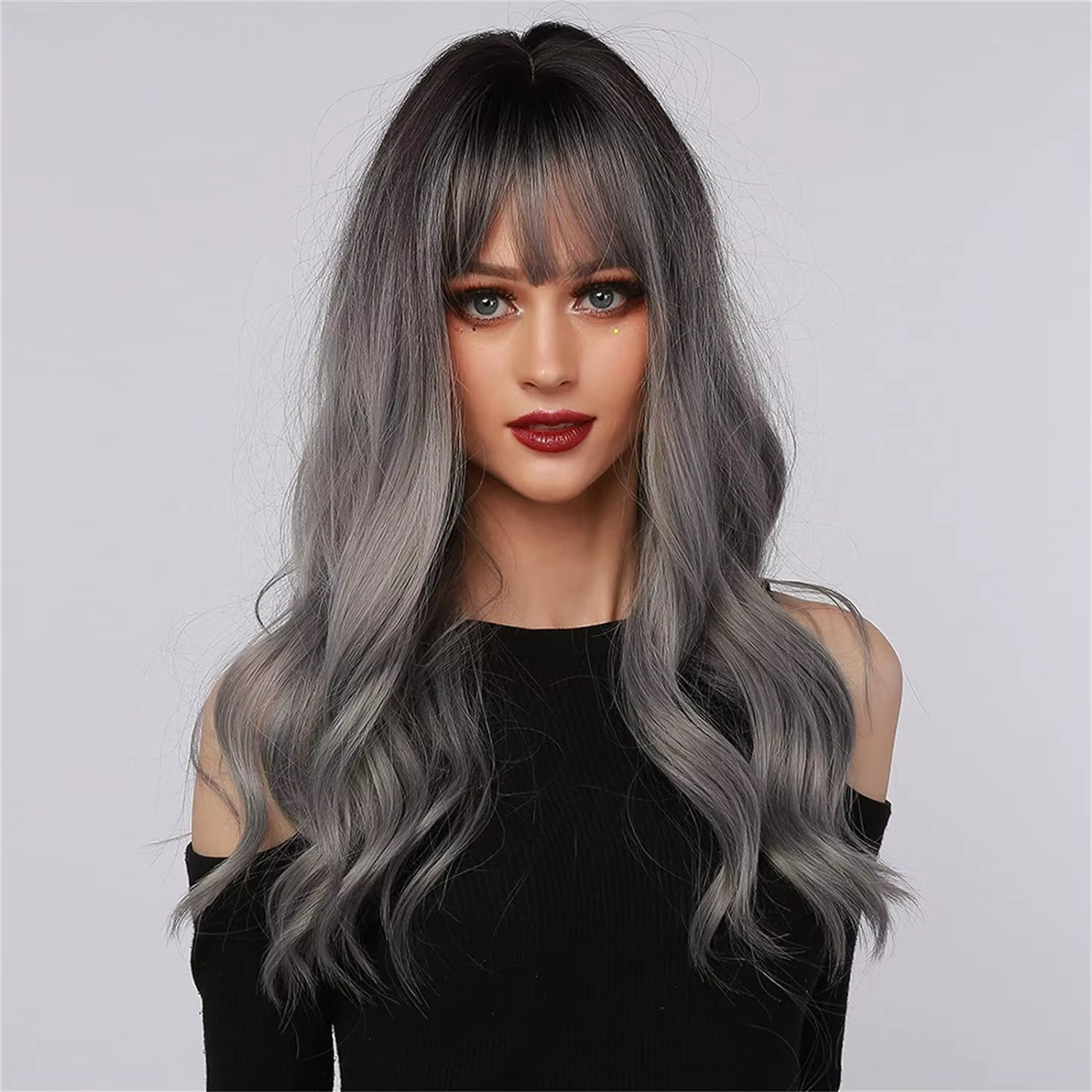 Long Wavy Silver Ash Ombre Cosplay Synthetic Wigs Natural Curly Gray Black Hair