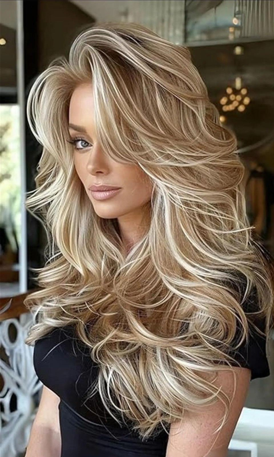 Platinum Blonde Highlight Ombre Light Brown Wig Long Wavy Layererd Wig