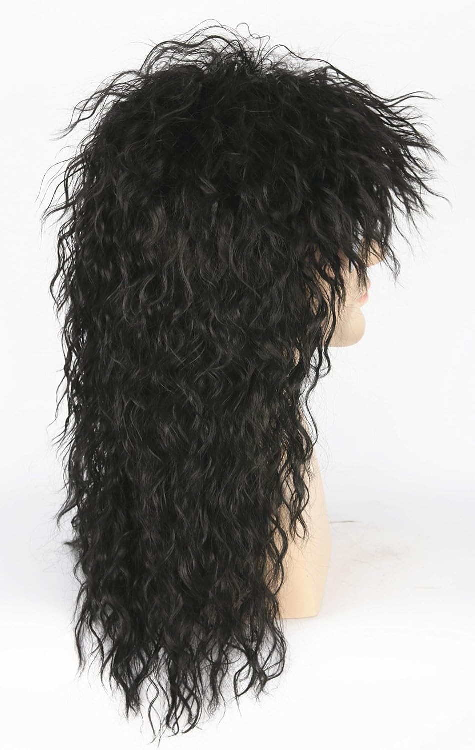 Men’s 80s Black Mullet Wigs Male Hair Punk Heavy Metal Rocker Long Curly Wig USA