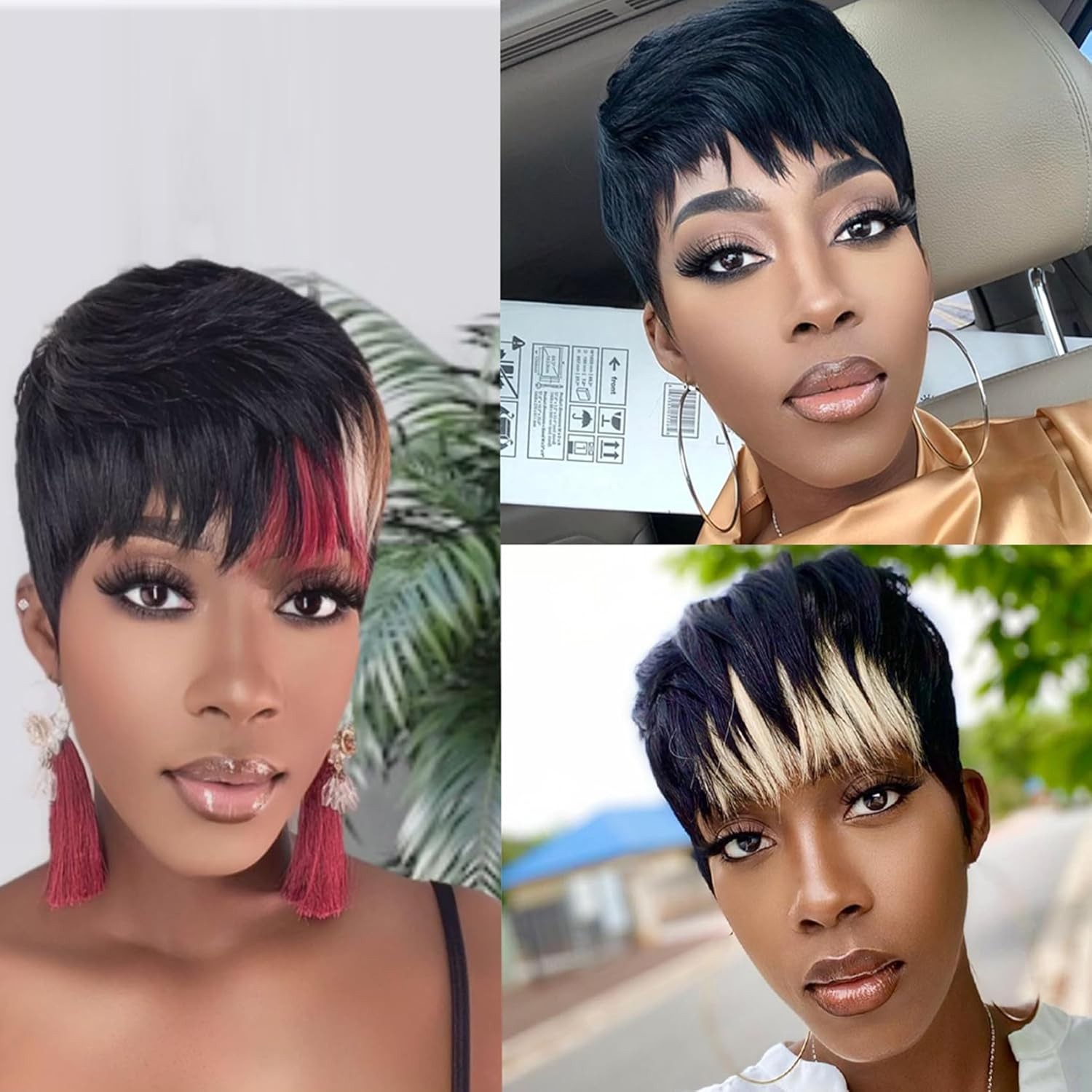 SAEIALL Pixie Cut Wig for Black Women Human Hair Multi-color Pixie Wig with Bang