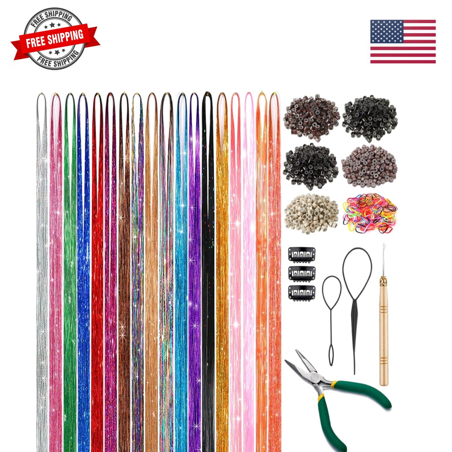 Hair Tinsel Kit 48 Inch, 18 Colors, 9000 Strands, Glitter Tinsel Hair Extensi…