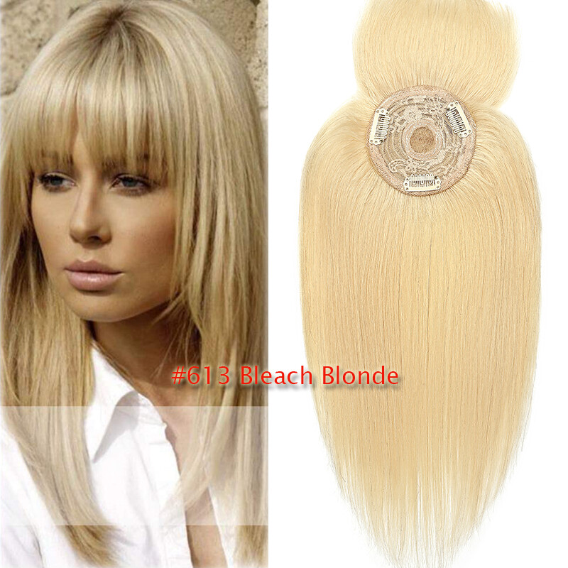 Top Silk Base 100% Remy Human Hair Topper Toupee Top Hairpiece Clip In Bangs Wig