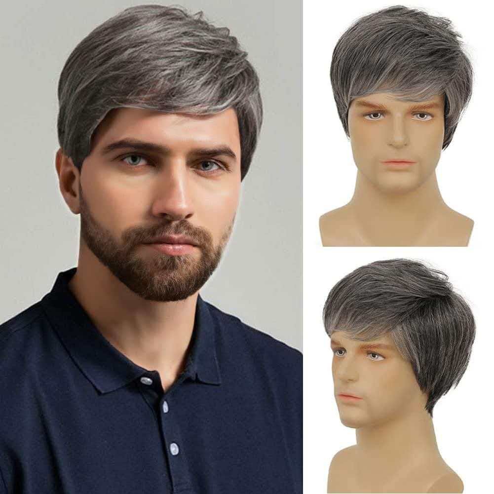 Silver Gray Men’s 6in Full Wig Heat Resistant Synthetic Cosplay Halloween Party