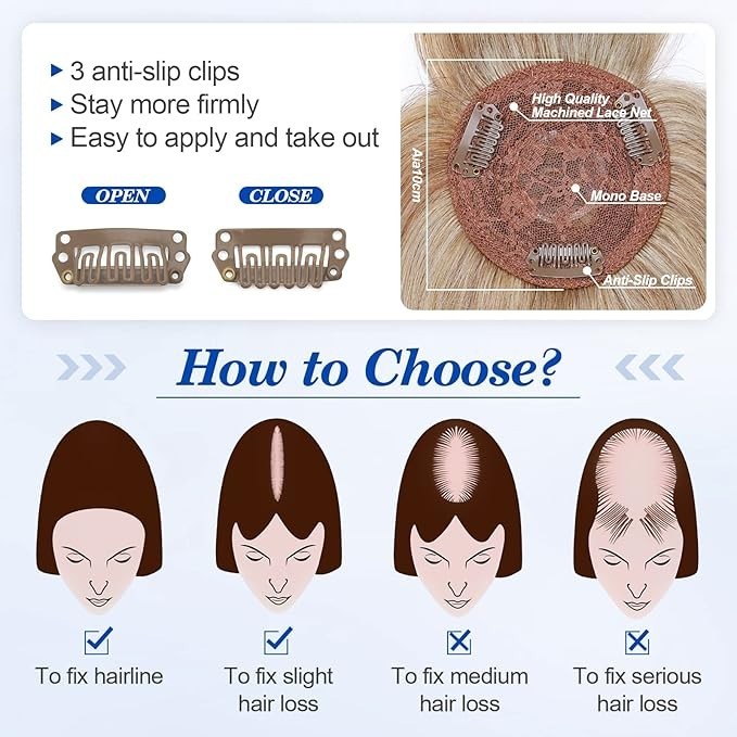 Golden Brown Bleach Blonde 100% Real Human with Bangs 6in Hair Toppers