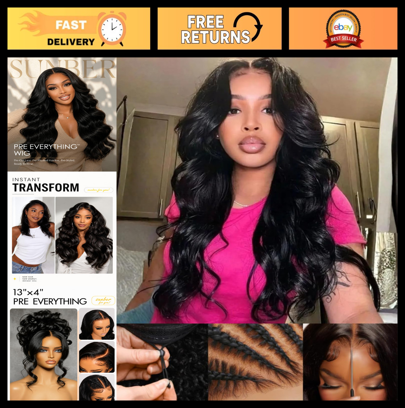 18″ Loose Body Wave Human Hair Wig, 13×4 HD Lace Front, Pre-Plucked, Drawstring
