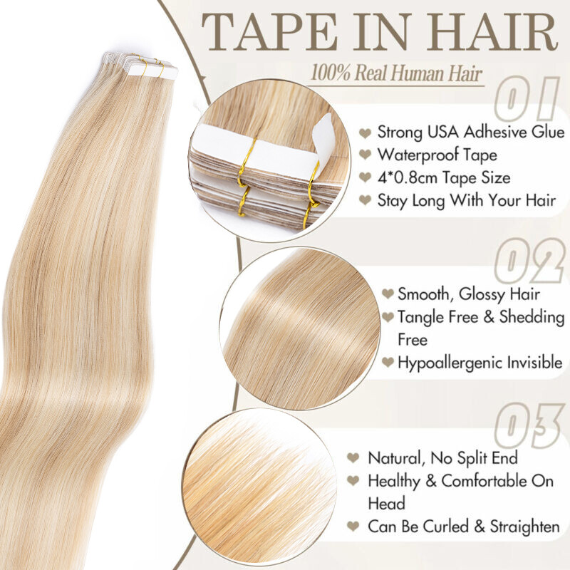 10-60PCS THICK Tape In Remy Human Hair Extensions Skin Weft FULL HEAD Blond 150g