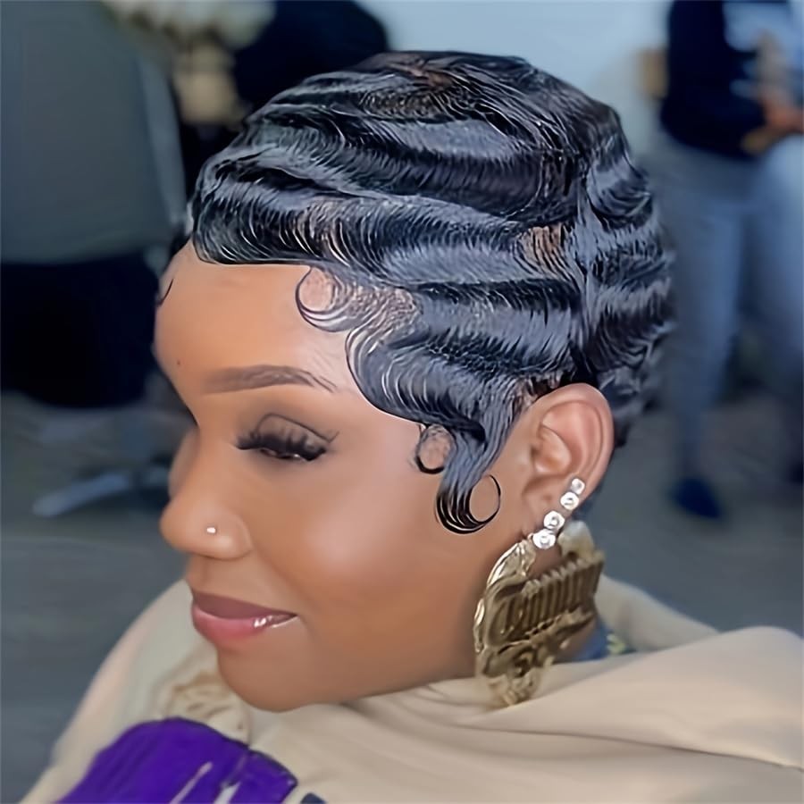Black Finger Wave Human Hair Wig 4Inch Short Pixie Cut Wigs Brazilian Virgin Hum