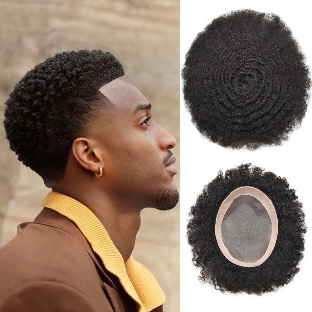 Afro Toupee for Black Men Durable Mono Afro Weave Kinky Curly Mens Wig Hair Unit