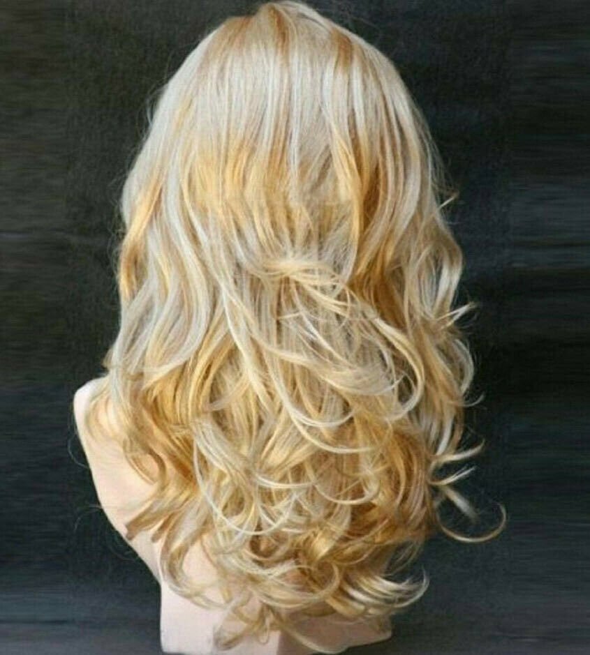 23″ Women Long Blonde Curly Wig Natural Wavy Hair Wigs w/ Bangs Cosplay Party
