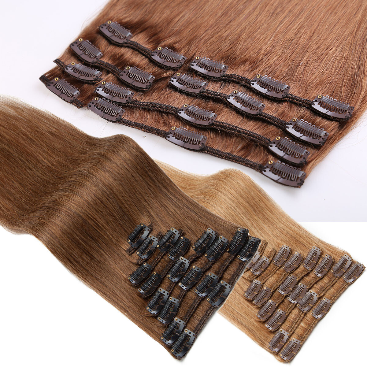 100% Human Hair Clip In Remy Hair Extensions Real Soft FULL HEAD Invisible Grey#