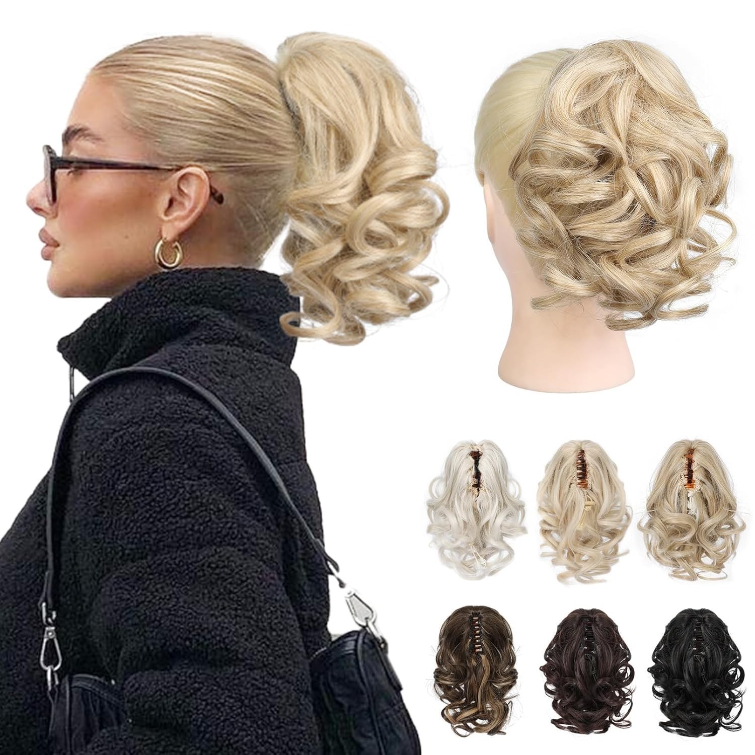 REECHO 9″ Short Ponytail Extension, Classic Loose Curly Wavy Claw Clip Pony tail