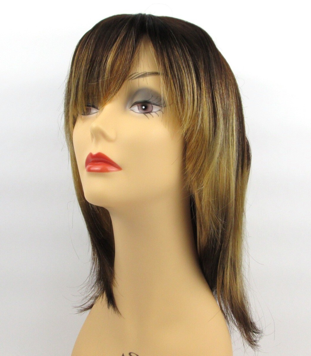 WOMEN SHOULDER-LENGTH STRAIGHT HAIR LAYERED WIG W/ BEVELED ENDS & BANGS SKIN TOP