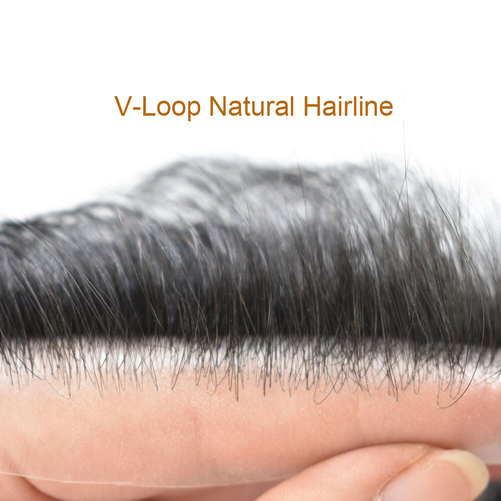 Invisible Human Hair Mens Frontal Hairpiece V-Loop Skin Pu for Receding Hairline