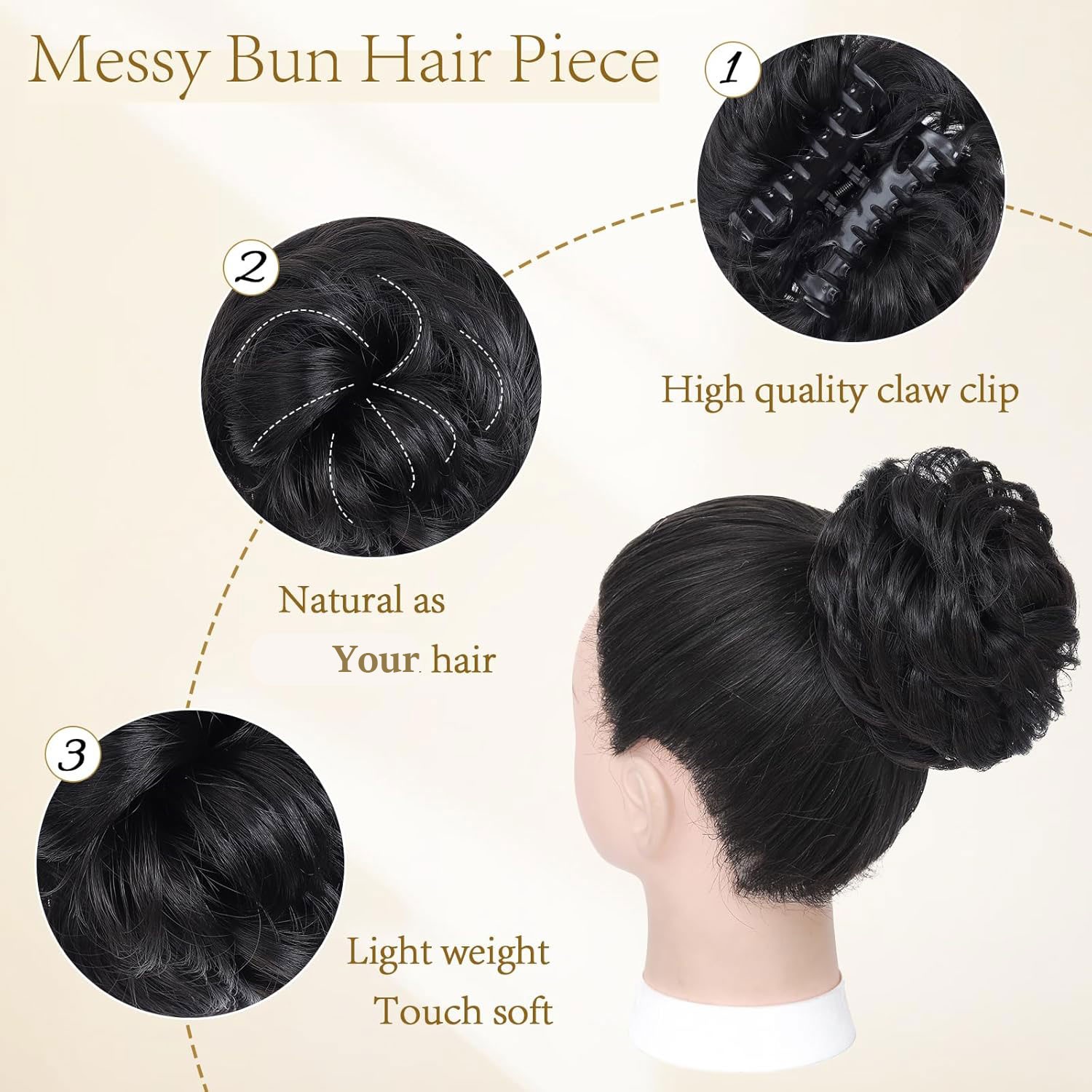Natural Clip in Messy Bun Hair Piece Extension Hair Claw Clip Updo Piece Wedding