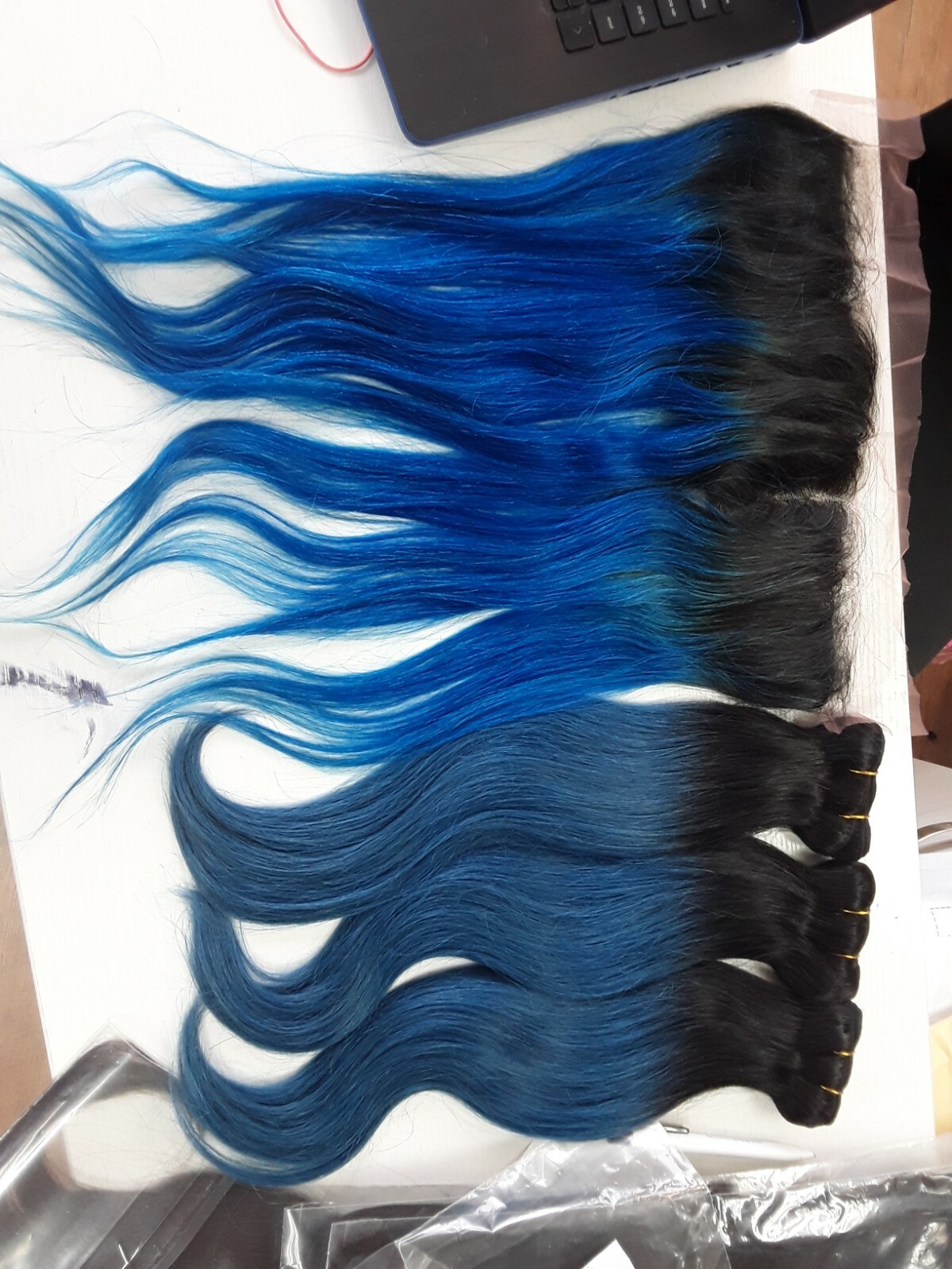 1B#/BLUE OMBRE BRAZILIAN VIRGIN HUMAN HAIR STRAIGHT BUNDLES 16+16+16&16 FRONTAL