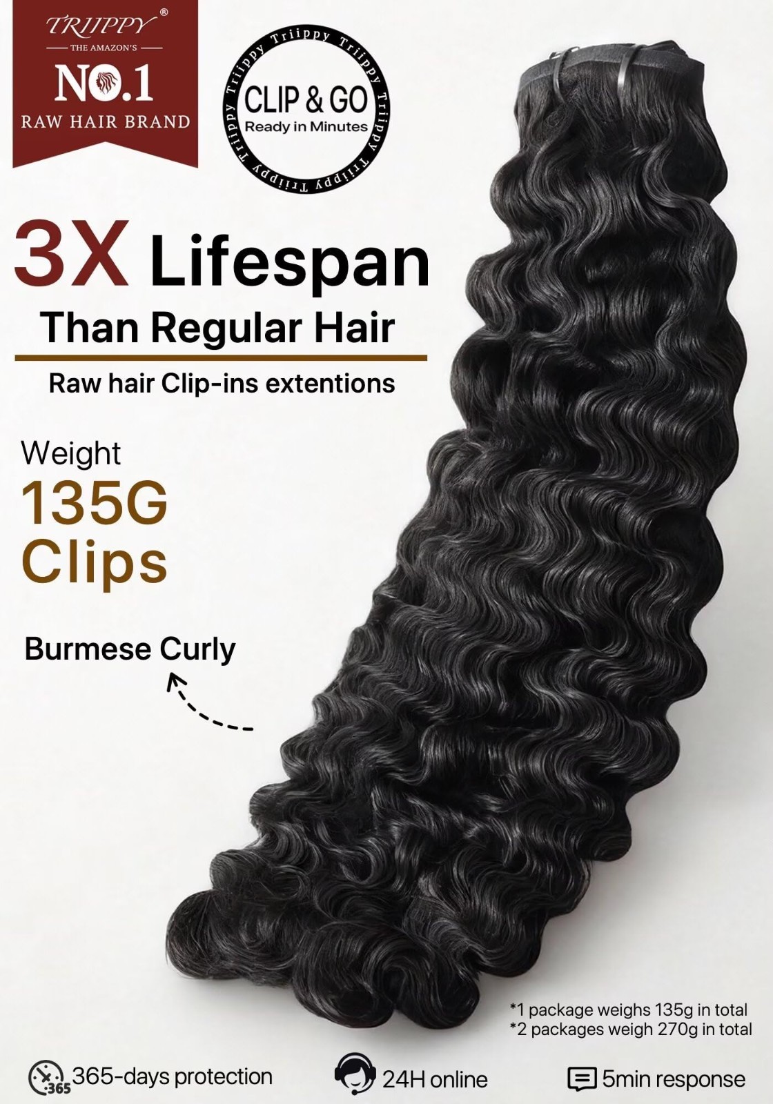 Seamless Clip-In Hair Extensions 135g 7pcs, 20″ Curly Real Human Hair, Natural C
