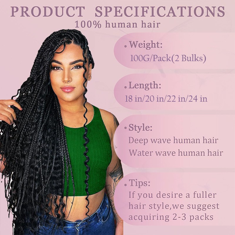 Human Braiding Hair for Boho Braids 200G 2*Bulks Deep Water Wave Bulk No Weft US