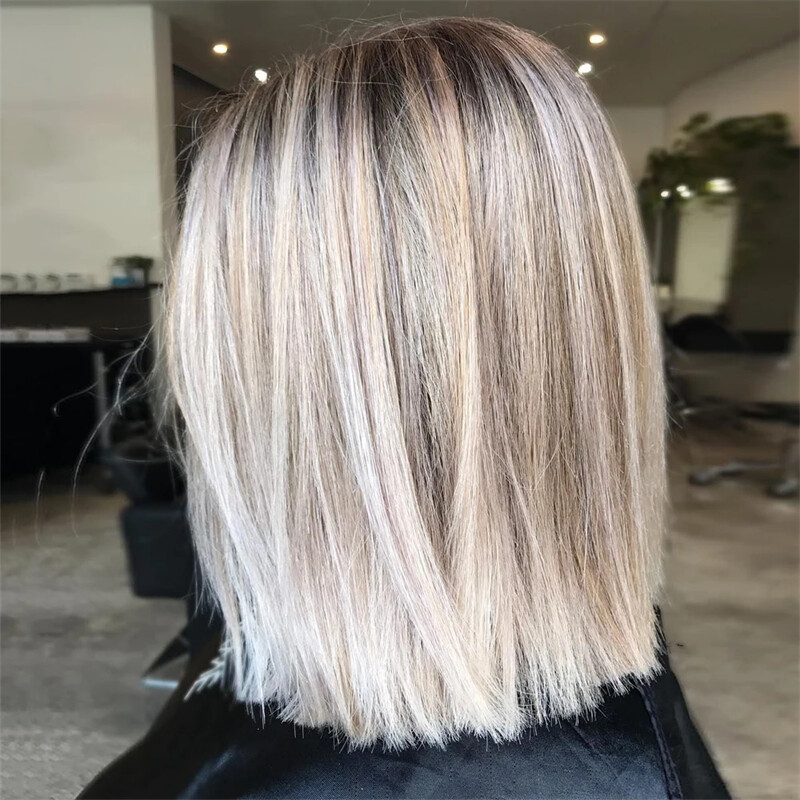 Short Bob Remy Human Hair Wig Ash Blonde Highlight 13×4 Lace Front Straight Wig