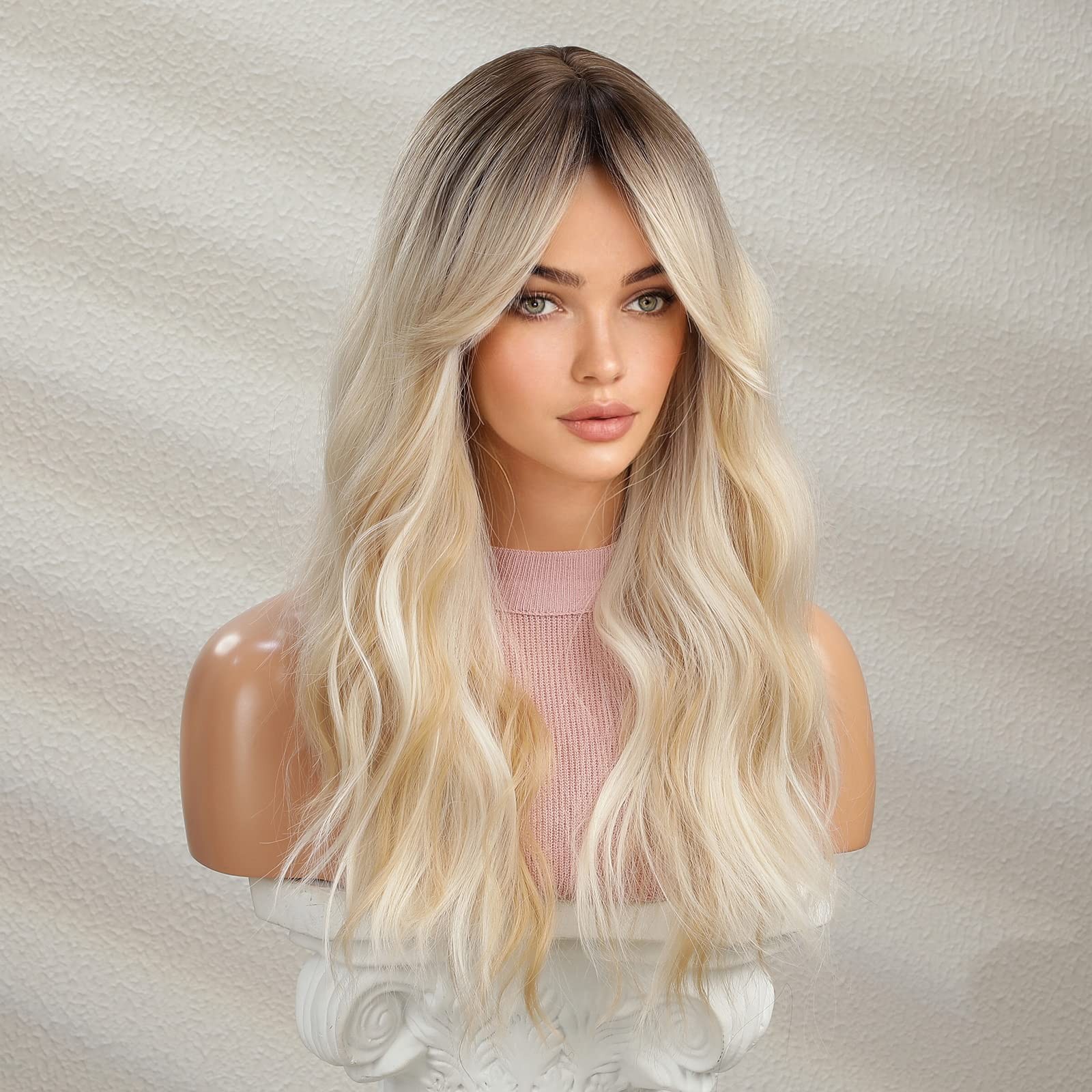 Blonde Wig for Women Long Curly Wavy Ombre Blonde Wigs Dark Roots Two Tones S…