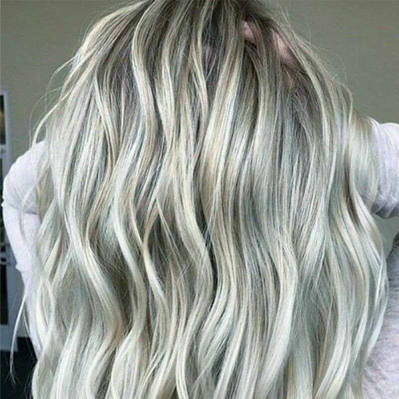 Women Lady Ash Gray Silver White Ombre Long Wavy Curly Blonde Wig Synthetic Hair